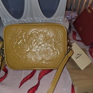 Patricia Nash Mustard Floral Embossed Wristlet